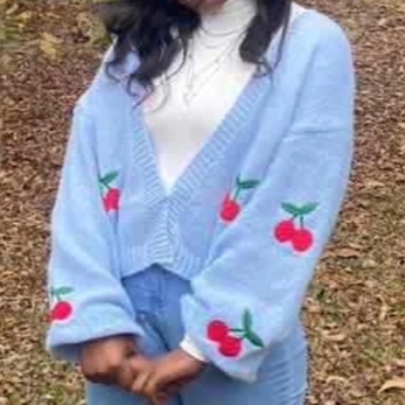 Cozy Embroidered Cherry Open Front Loose Fit Cardigan - Picture 2 of 8